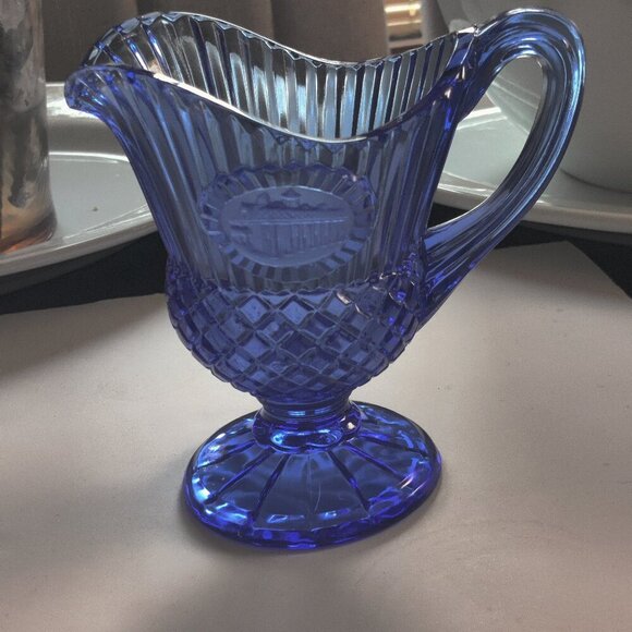 Mt. Vernon Cobalt Blue Pitcher with a honeycomb design & vertical cuts at spout. - Picture 1 of 6